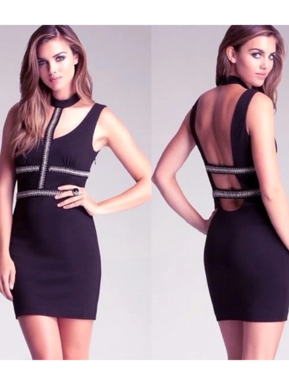 NWT bebe Dress black crystal halter straps sparkle cutout back embellished